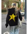 Y2k Star Baskılı Siyah Kapşonlu Sweatshirt