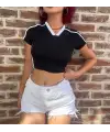 Y2k V Yaka Şeritli Beyaz Crop