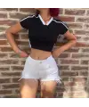 Y2k V Yaka Şeritli Beyaz Crop