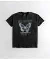 Yıkamalı Butterfly Baskılı Unisex Oversize Vintage T-Shirt