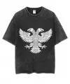 Yıkamalı Çift Başlı Kartal Baskılı Unisex Oversize Vintage T-Shirt