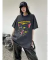 Yıkamalı Combative Cat Baskılı Unisex Oversize Eskitme T-Shirt