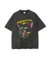Yıkamalı Combative Cat Baskılı Unisex Oversize Eskitme T-Shirt