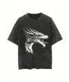 Yıkamalı Dragon Baskılı Unisex Oversize Vintage T-Shirt