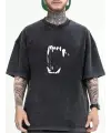 Yıkamalı Fang Baskılı Unisex Oversize Vintage T-Shirt
