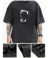 Yıkamalı Fang Baskılı Unisex Oversize Vintage T-Shirt