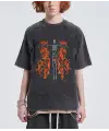Yıkamalı Flaming Skeleton Baskılı Unisex Oversize Vintage Eskitme T-Shirt