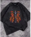Yıkamalı Flaming Skeleton Baskılı Unisex Oversize Vintage Eskitme T-Shirt