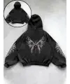 Yıkamalı Gothic Butterfly Baskılı Vintage Kapüşonlu Sweatshirt