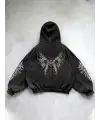 Yıkamalı Gothic Butterfly Baskılı Vintage Kapüşonlu Sweatshirt