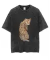 Yıkamalı Leopar Baskılı Unisex Oversize Vintage T-Shirt