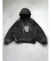 Yıkamalı Örümcek Baskılı Vintage Kapüşonlu Sweatshirt