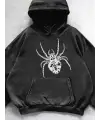 Yıkamalı Örümcek Baskılı Vintage Kapüşonlu Sweatshirt