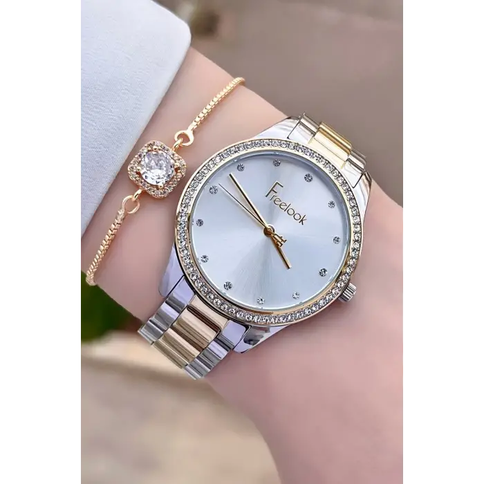 Freelook FLISTE28 Gold Gümüş Renk Hediye Paketli 5 ATM Kadın Kol Saati ve Bileklik