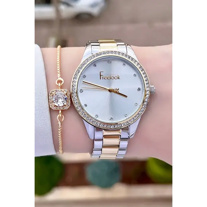 Freelook FLISTE28 Gold Gümüş Renk Hediye Paketli 5 ATM Kadın Kol Saati ve Bileklik