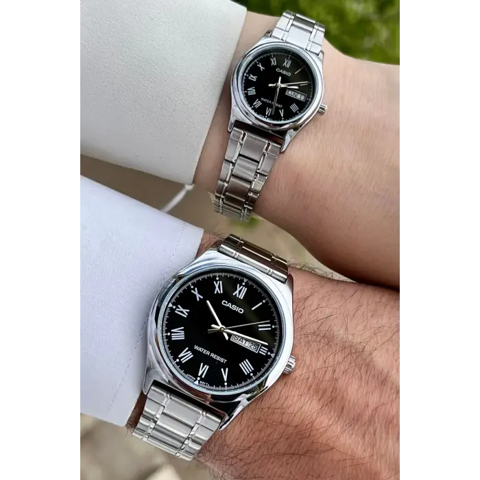 Casio CSISTE32 Kadranı Siyah Kordonu Gümüş Renk Hediye Paketli Sevgili Çift İki Kol Saati
