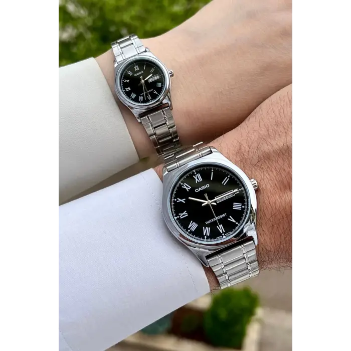 Casio CSISTE32 Kadranı Siyah Kordonu Gümüş Renk Hediye Paketli Sevgili Çift İki Kol Saati