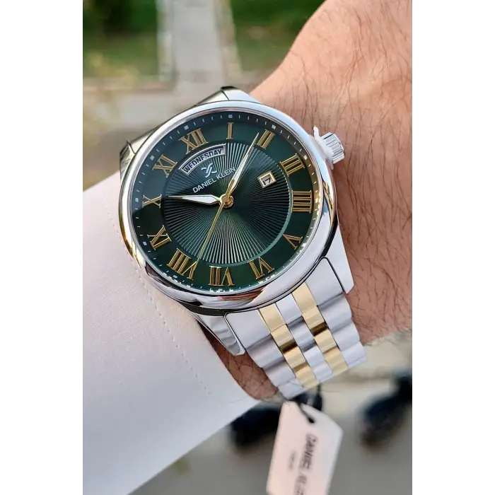 Daniel Klein DKISTE1288 Kadranı Yeşil Kordonu Gold Gümüş Renk Takvim ve Gün Fonksiyonlu Hediye Paketli Erkek Kol Saati