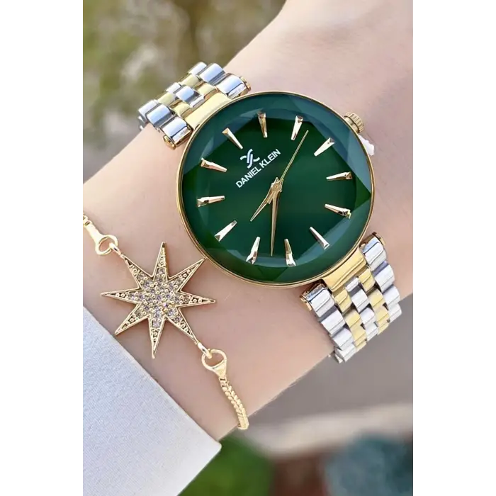 Daniel Klein DKISTE1409 Kadranı Yeşil Kordonu Gold Gümüş Renk Hediye Paketli Kadın Kol Saati ve Bileklik