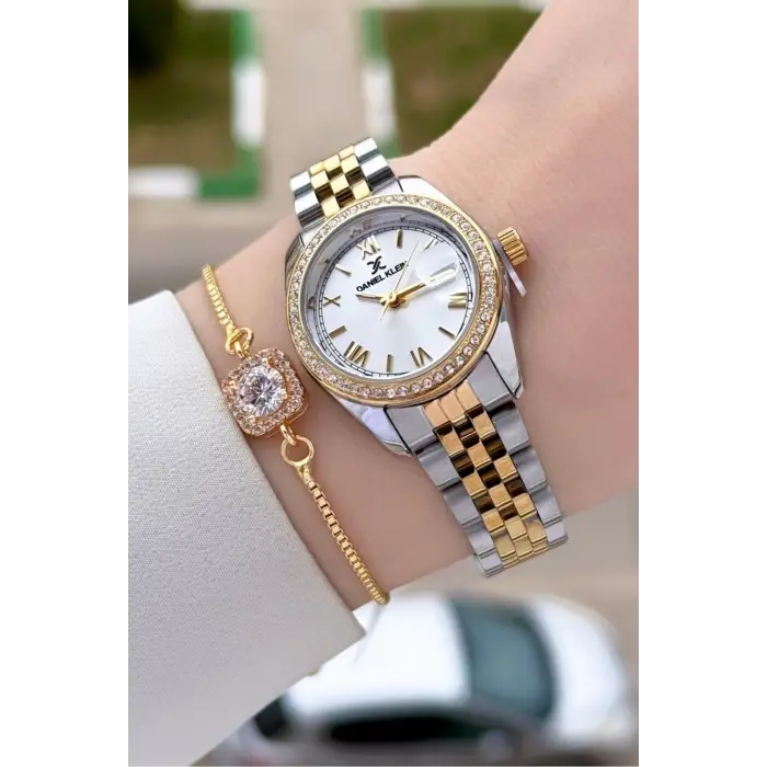 Daniel Klein DKISTE1540 Gold Gümüş Renk 28 mm Kristal Cam Kadın Kol Saati ve Bileklik