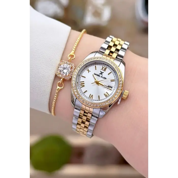 Daniel Klein DKISTE1540 Gold Gümüş Renk 28 mm Kristal Cam Kadın Kol Saati ve Bileklik