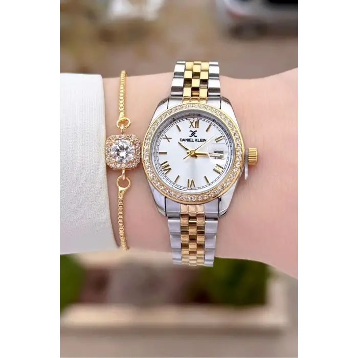 Daniel Klein DKISTE1540 Gold Gümüş Renk 28 mm Kristal Cam Kadın Kol Saati ve Bileklik