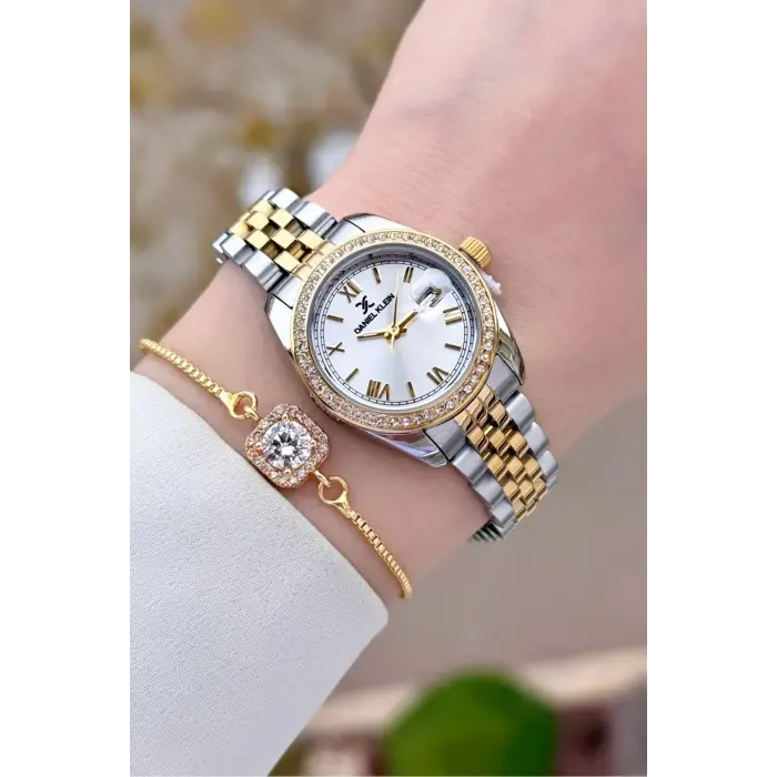 Daniel Klein DKISTE1540 Gold Gümüş Renk 28 mm Kristal Cam Kadın Kol Saati ve Bileklik