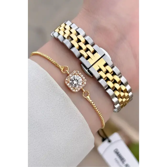Daniel Klein DKISTE1540 Gold Gümüş Renk 28 mm Kristal Cam Kadın Kol Saati ve Bileklik