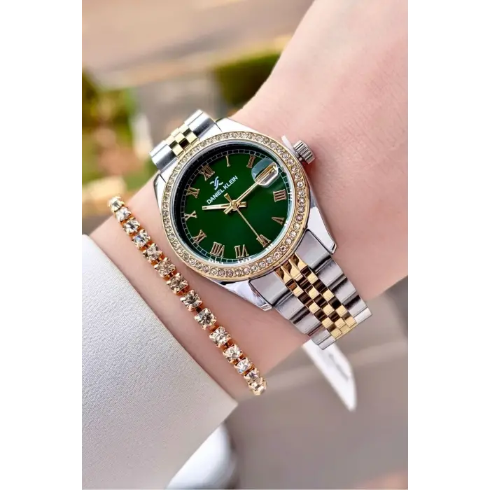 Kadranı Yeşil Kordonu Gold Gümüş Renk 32,5 Mm Takvimli Kadın Kol Saati Ve Bileklik