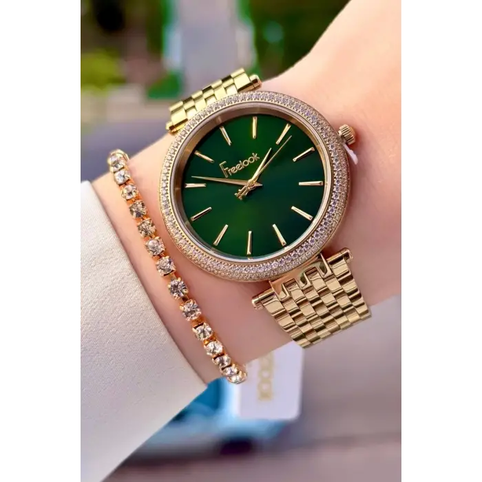 Kadranı Yeşil Kordonu Gold Renk 38 mm Kadın Kol Saati ve Bileklik