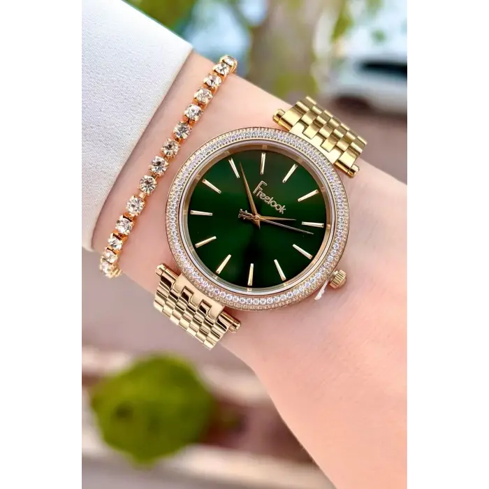Kadranı Yeşil Kordonu Gold Renk 38 mm Kadın Kol Saati ve Bileklik