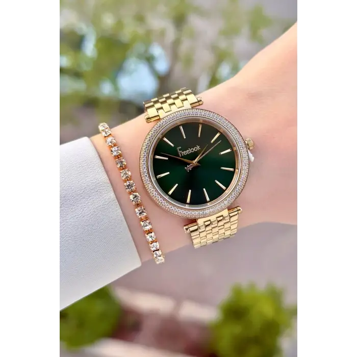 Kadranı Yeşil Kordonu Gold Renk 38 mm Kadın Kol Saati ve Bileklik