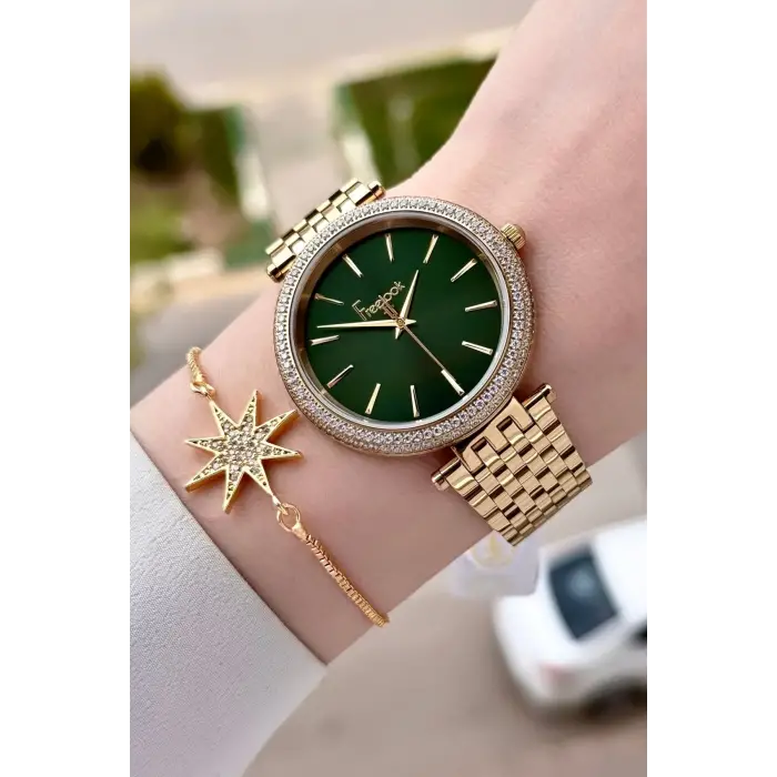 Kadranı Yeşil Kordonu Gold Renk 38 Mm Kadın Kol Saati Ve Bileklik