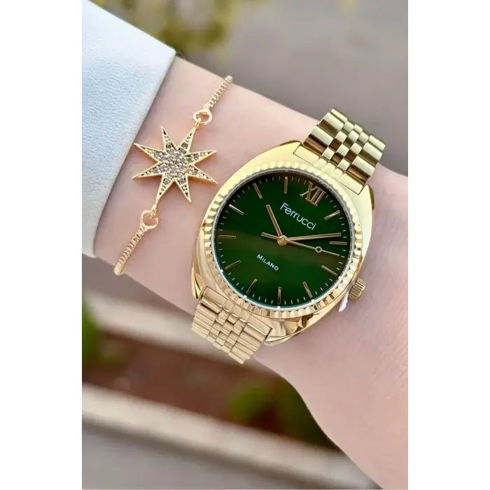 Ferrucci FCISTE377 Kadranı Yeşil Kordonu Gold Renk Kadın Kol Saati ve Bileklik
