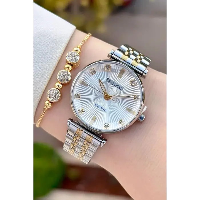 Gold Gümüş Renk Hediye Paketli Kadın Kol Saati ve Bileklik