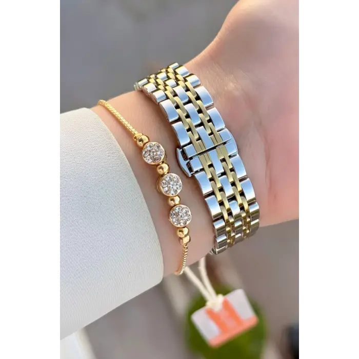 Gold Gümüş Renk Hediye Paketli Kadın Kol Saati ve Bileklik