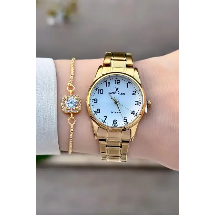 Gold Renk Rakamlı Kadın Kol Saati ve Bileklik