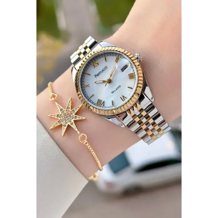 Ferrucci FCISTE397 Gold Gümüş Renk Takvimli 35 Mm Kadın Kol Saati ve Bileklik