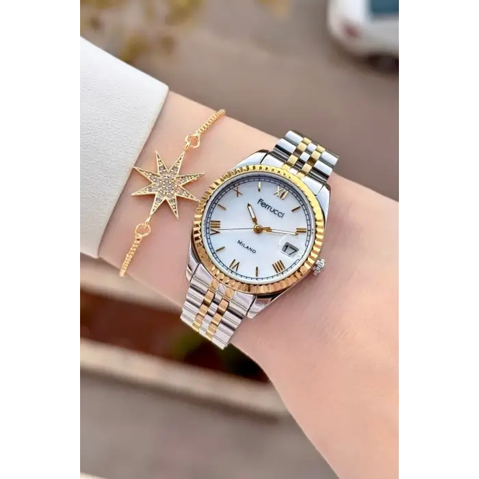 Ferrucci FCISTE397 Gold Gümüş Renk Takvimli 35 Mm Kadın Kol Saati ve Bileklik