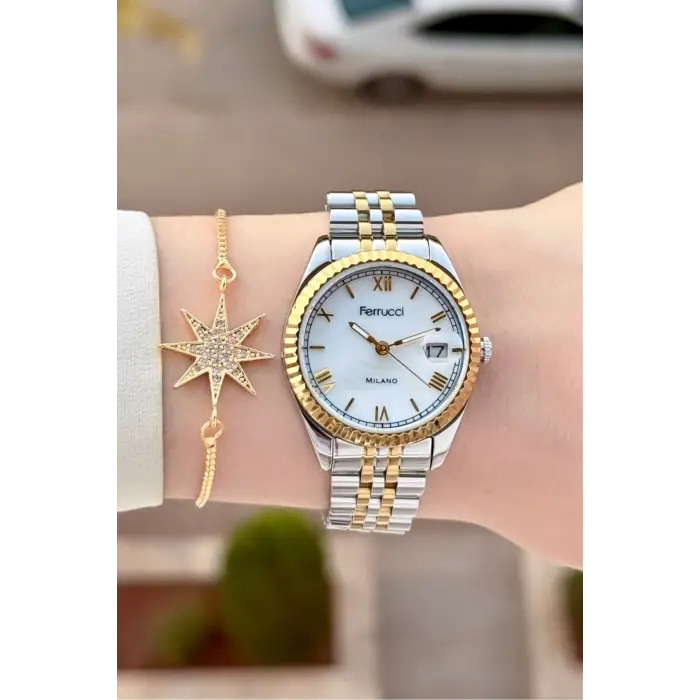 Ferrucci FCISTE397 Gold Gümüş Renk Takvimli 35 Mm Kadın Kol Saati ve Bileklik