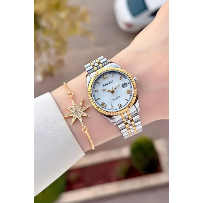 Ferrucci FCISTE397 Gold Gümüş Renk Takvimli 35 Mm Kadın Kol Saati ve Bileklik