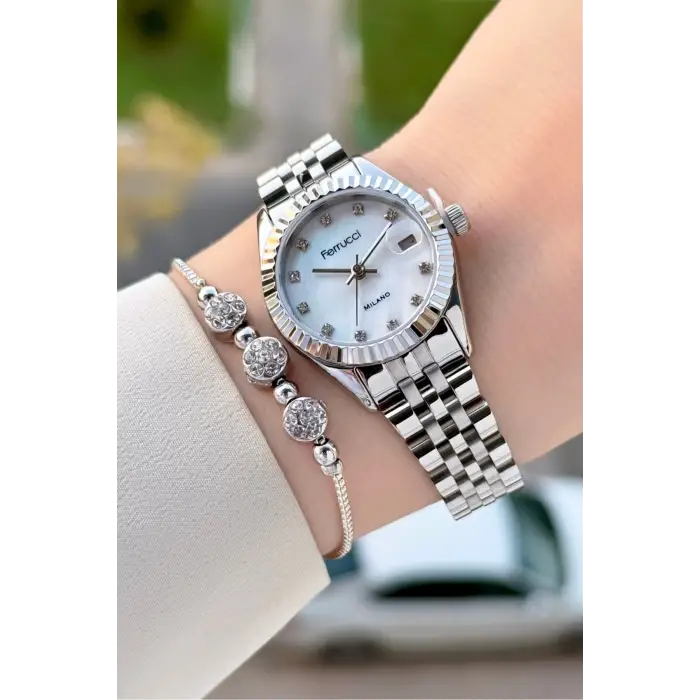 Ferrucci FCISTE395 Gümüş Renk Takvimli 25 Mm Kadın Kol Saati ve Bileklik