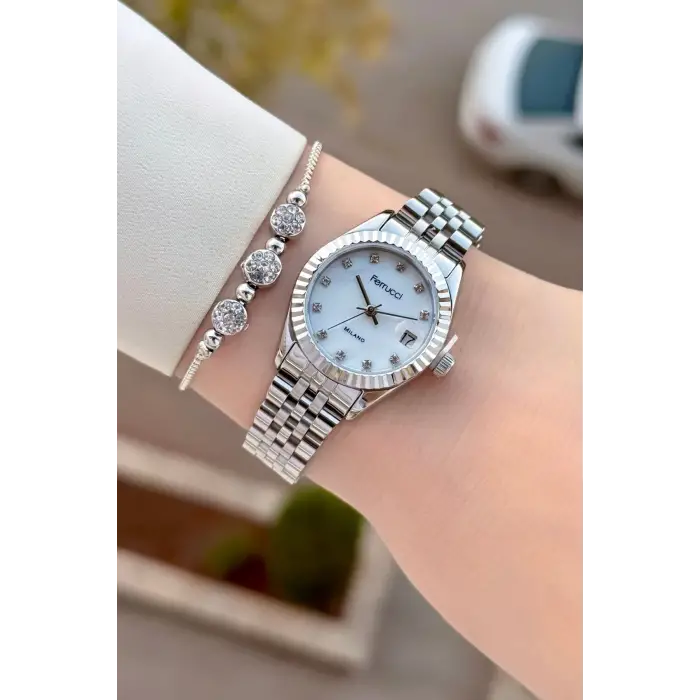 Ferrucci FCISTE395 Gümüş Renk Takvimli 25 Mm Kadın Kol Saati ve Bileklik