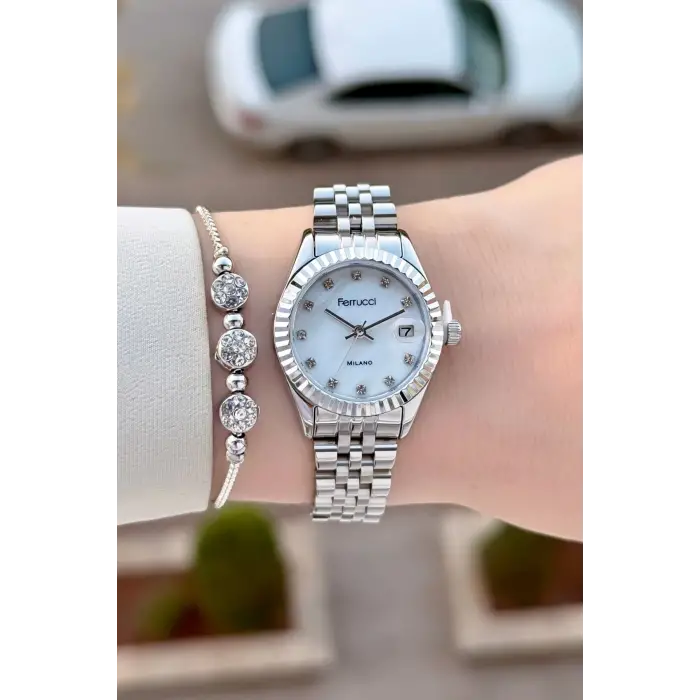 Ferrucci FCISTE395 Gümüş Renk Takvimli 25 Mm Kadın Kol Saati ve Bileklik