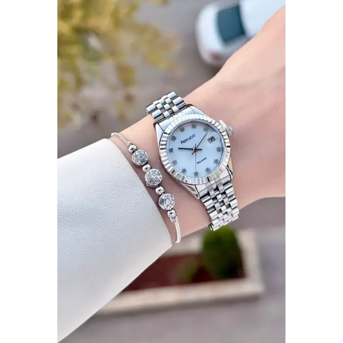 Ferrucci FCISTE395 Gümüş Renk Takvimli 25 Mm Kadın Kol Saati ve Bileklik