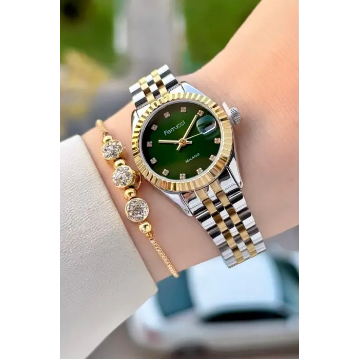Kadranı Yeşil Kordonu Gold Gümüş Renk Takvimli 25 Mm Kadın Kol Saati ve Bileklik