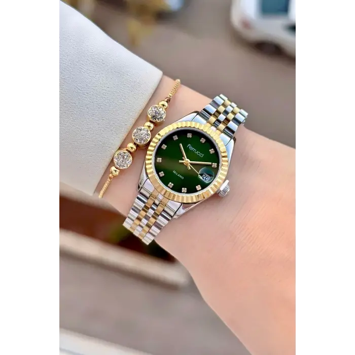 Kadranı Yeşil Kordonu Gold Gümüş Renk Takvimli 25 Mm Kadın Kol Saati ve Bileklik