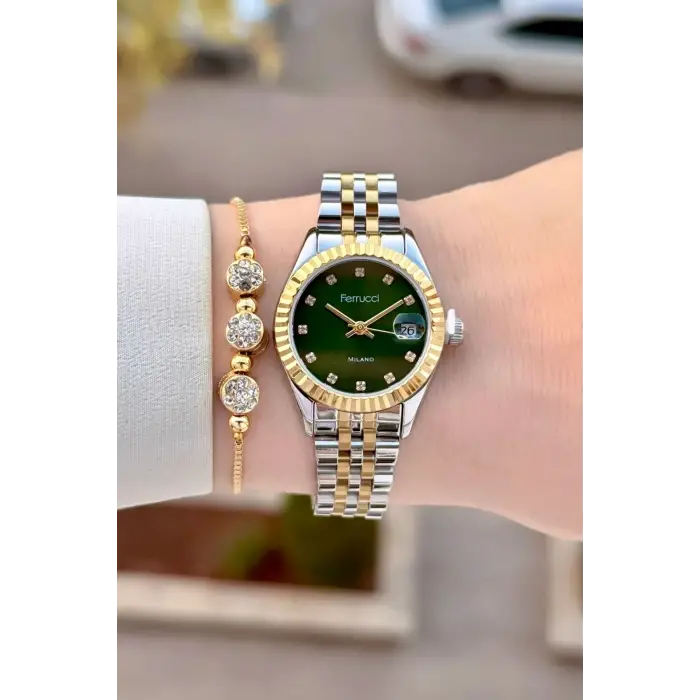 Kadranı Yeşil Kordonu Gold Gümüş Renk Takvimli 25 Mm Kadın Kol Saati ve Bileklik