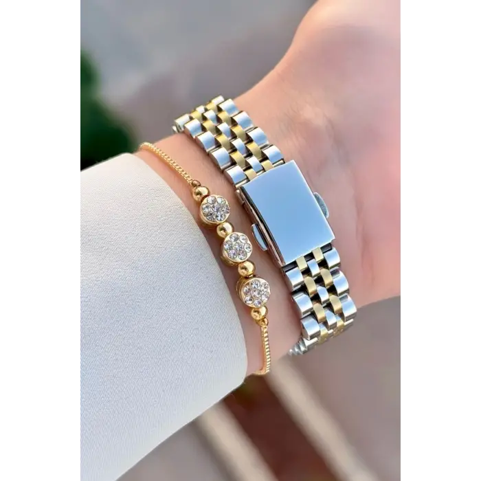 Kadranı Yeşil Kordonu Gold Gümüş Renk Takvimli 25 Mm Kadın Kol Saati ve Bileklik