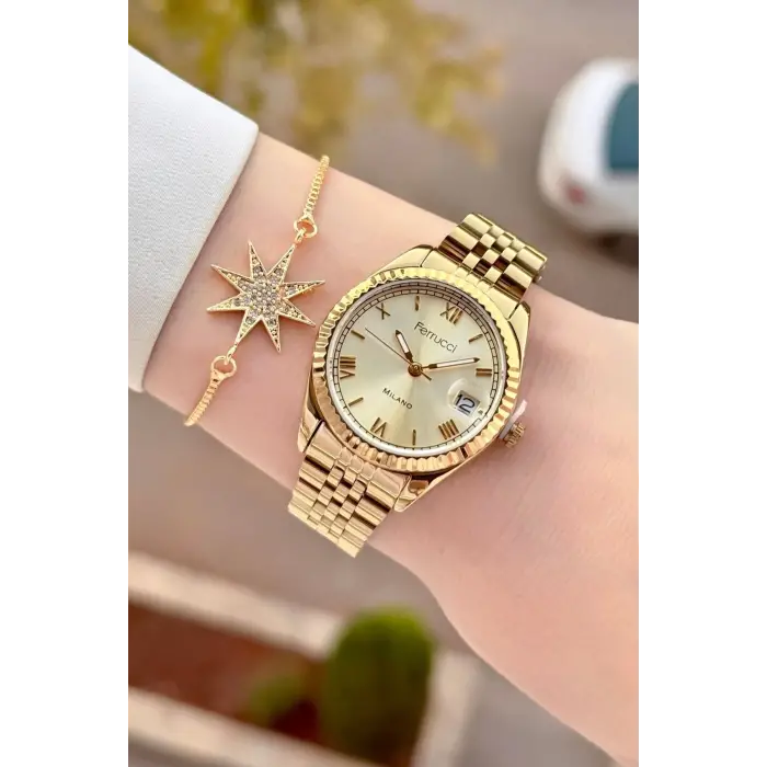 Ferrucci FCISTE396 Gold Renk Takvimli 35 Mm Kadın Kol Saati ve Bileklik